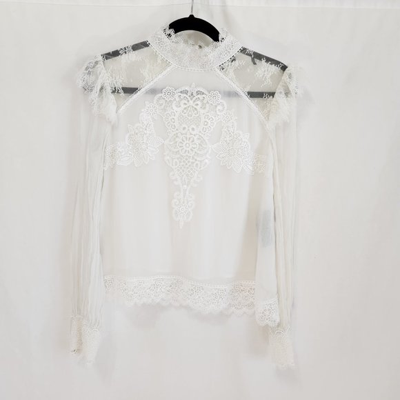 The Kooples Tops - THE KOOPLES  Minimalist Off White Sheer Silk Lace Long Sleeve Blouse Size 3/S.